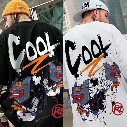 Two people wearing hoodies with 'COOL' graphic designs, one black and one white, in an urban setting.