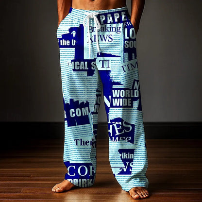Herren Hose 2025 mit Zeitungsbuchstaben-Print, Baggy Fit, Freizeithose, Mid Waist, elastischer Kordelzug, Streetwear, Herbst