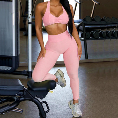 2PCS Pad Yoga Set Sports Suit Gym Leggings Women Clothes Fitness Tracksuit Workout Short Sleeve Female Athletic Sportswear XP04