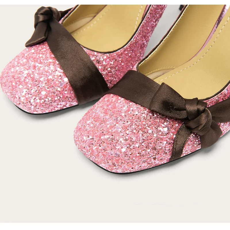 Sequin Ribbon Bow Square Toe High Heels