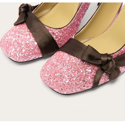 Sequin Ribbon Bow Square Toe High Heels