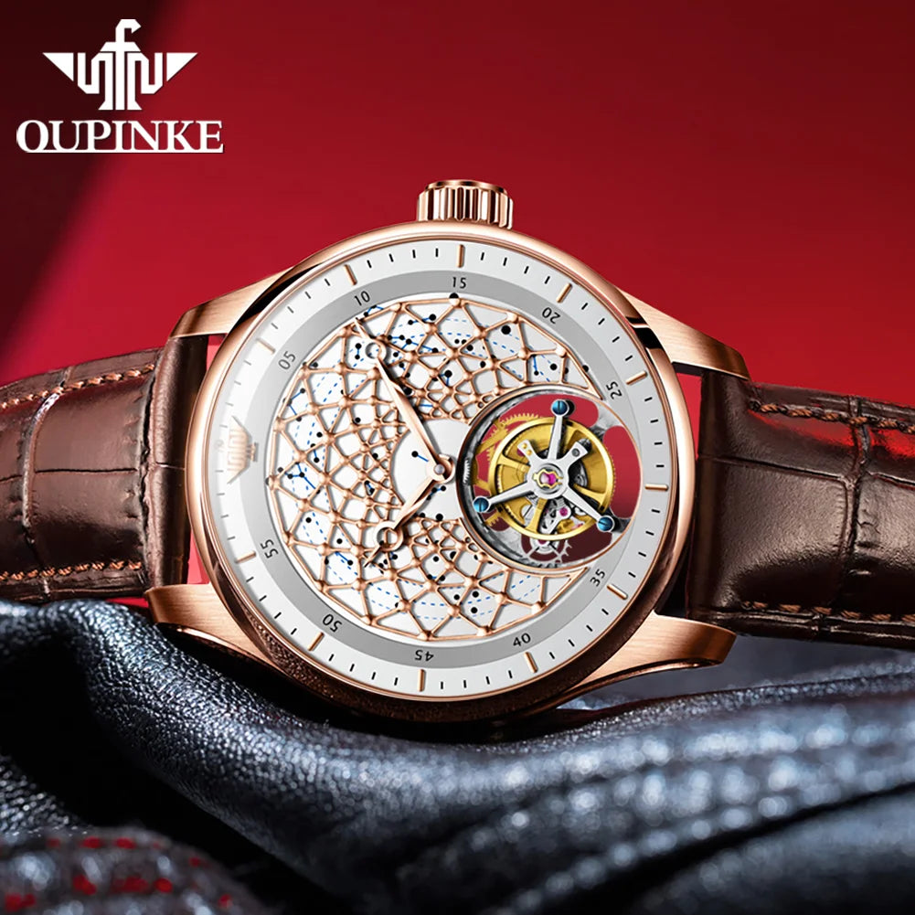 OUPINKE Watch Tourbillon Fully Automatic Mechanical Watch 50M Waterproof Sapphire Mirror Watches
