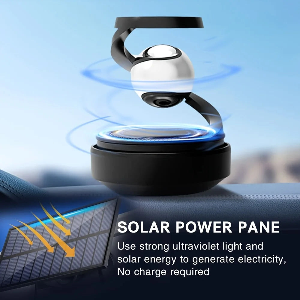 Solar power pane with solar panel and levitating device on a blurred background