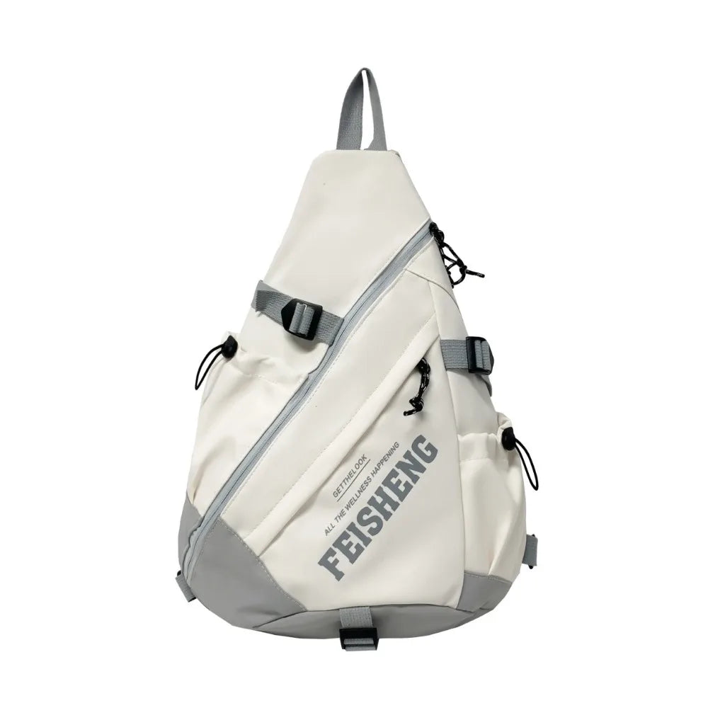 White sling bag with gray accents and 'FEISHENG' branding on a white background