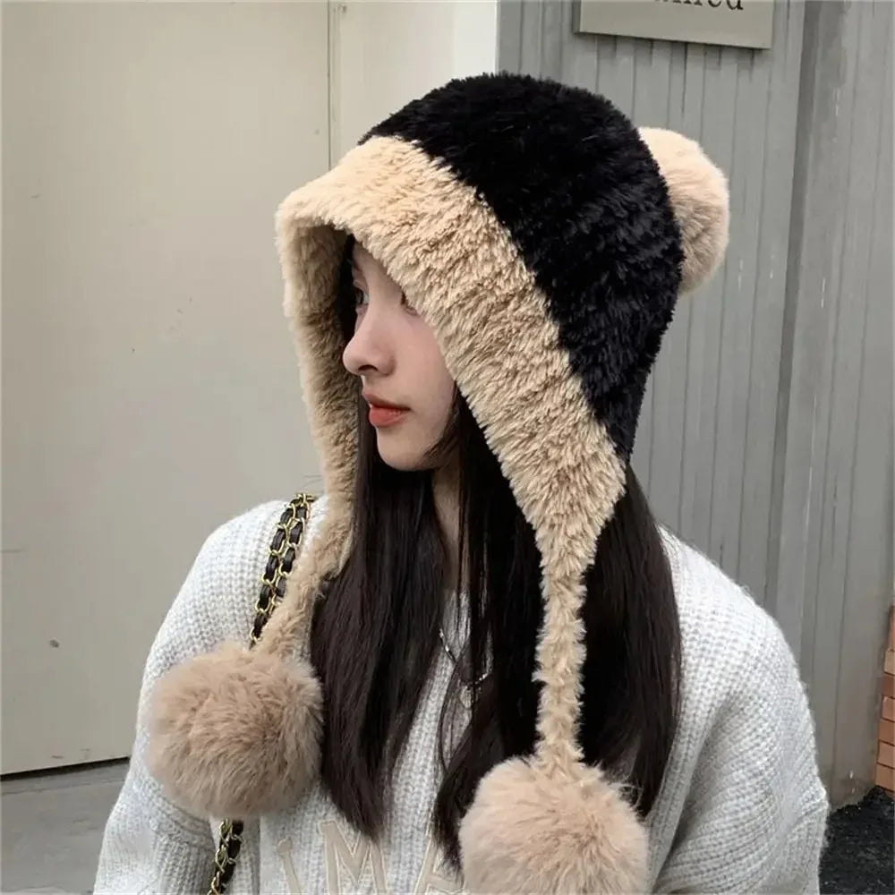 Womens Knitted Hat Winter Warm Beanie with Ear Flaps Pom Pom Extra Soft Thickened Lining Cold Weather Cap for Outdoor Sports