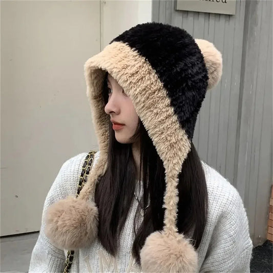 Womens Knitted Hat Winter Warm Beanie with Ear Flaps Pom Pom Extra Soft Thickened Lining Cold Weather Cap for Outdoor Sports