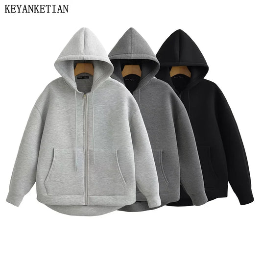 Winter Women's Zipper Hoodie High Street Unisex style Double Pockets Oversize Loose Sweatshirts Outerwear Top