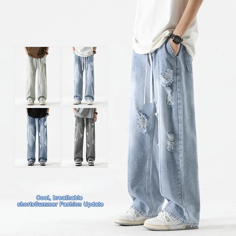 Light blue distressed denim shorts worn by a person on a white background with text 'Cool, breathable shorts Summer Fashion Update'.