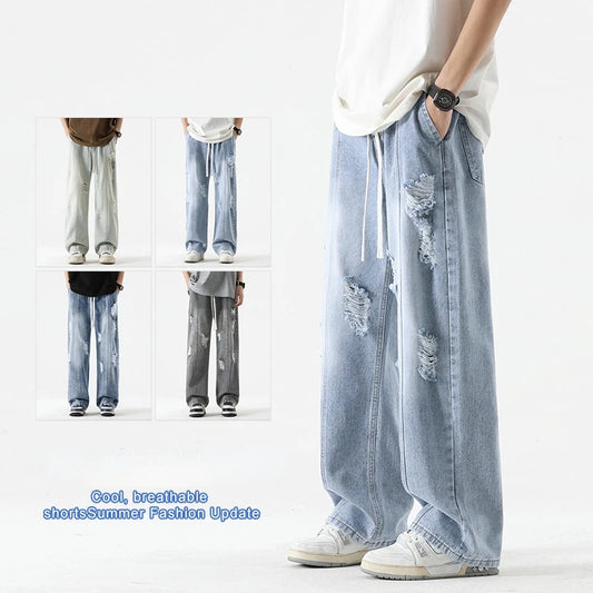 Light blue distressed denim shorts worn by a person on a white background with text 'Cool, breathable shorts Summer Fashion Update'.