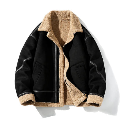 American Retro Fur One Piece Coat Men's Winter Thickened and Fleece Leather Jacket Air Force Pilot Lamb Fleece Leather Jacket