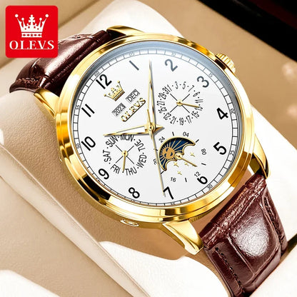 OLEVS Automatic Moon Phase Watch for Men — Leather, Waterproof, Luminous