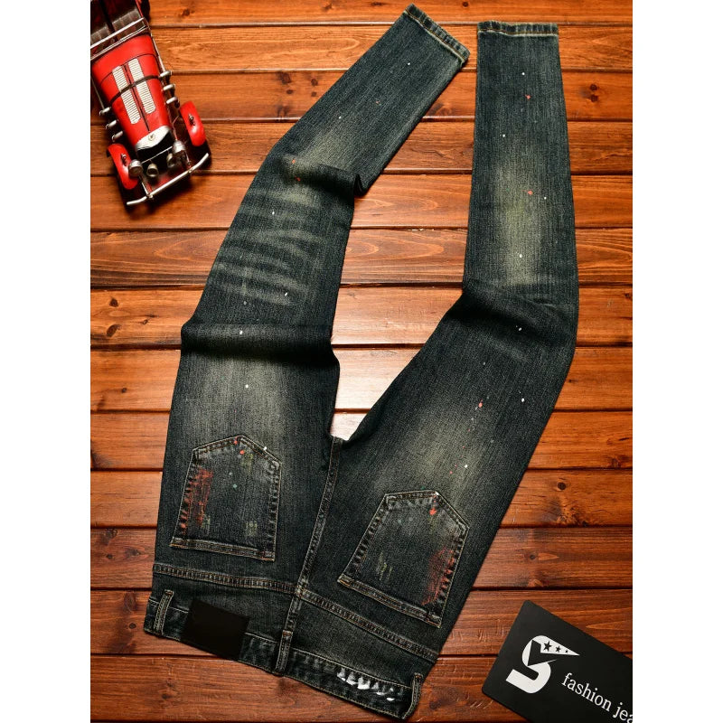 Men's Retro Patch Jeans – Paint Print Slim Denim