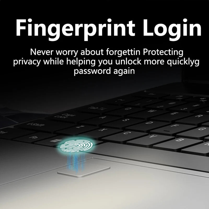 Fingerprint login security feature on a keyboard with text about privacy and quick unlocking.
