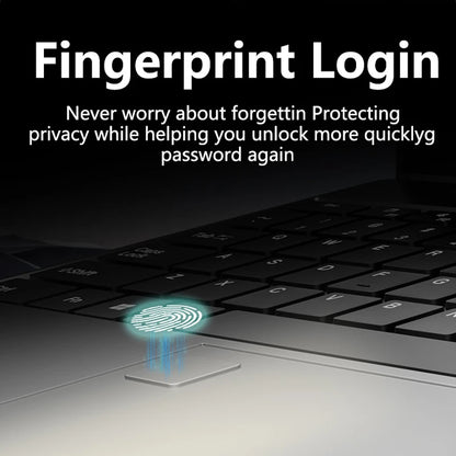 Fingerprint login security feature on a keyboard with text about privacy and quick unlocking.