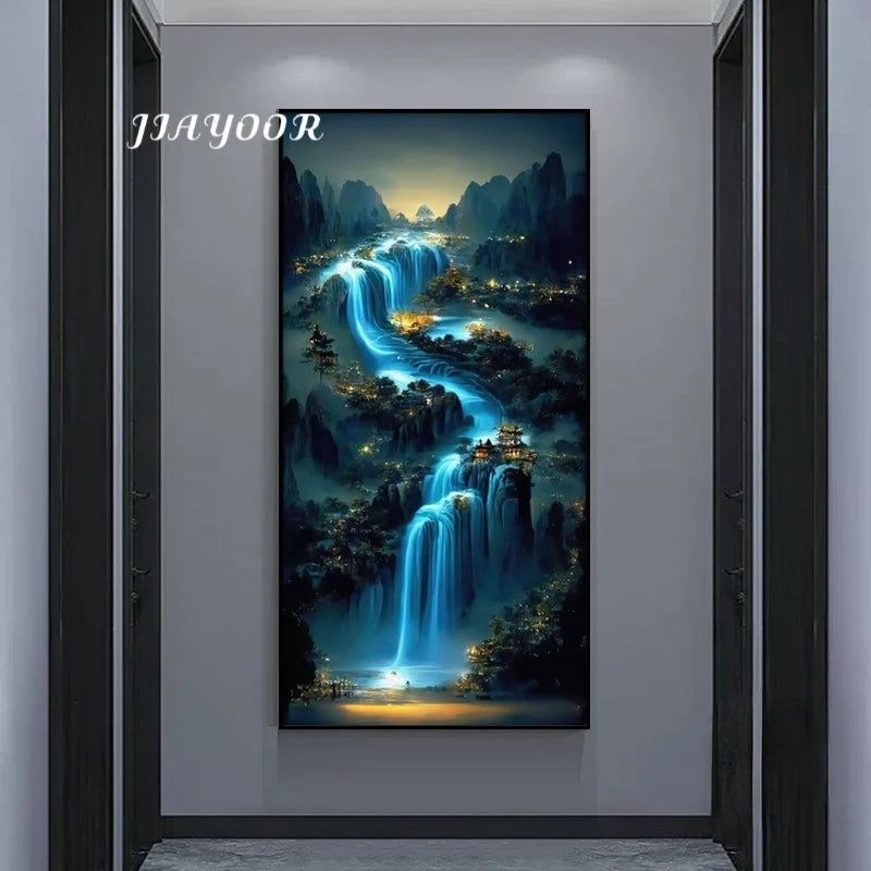 Framed artwork of a mountain landscape with waterfalls and lights, brand 'JIAYOOR' visible.
