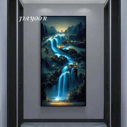 Framed artwork of a mountain landscape with waterfalls and lights, brand 'JIAYOOR' visible.