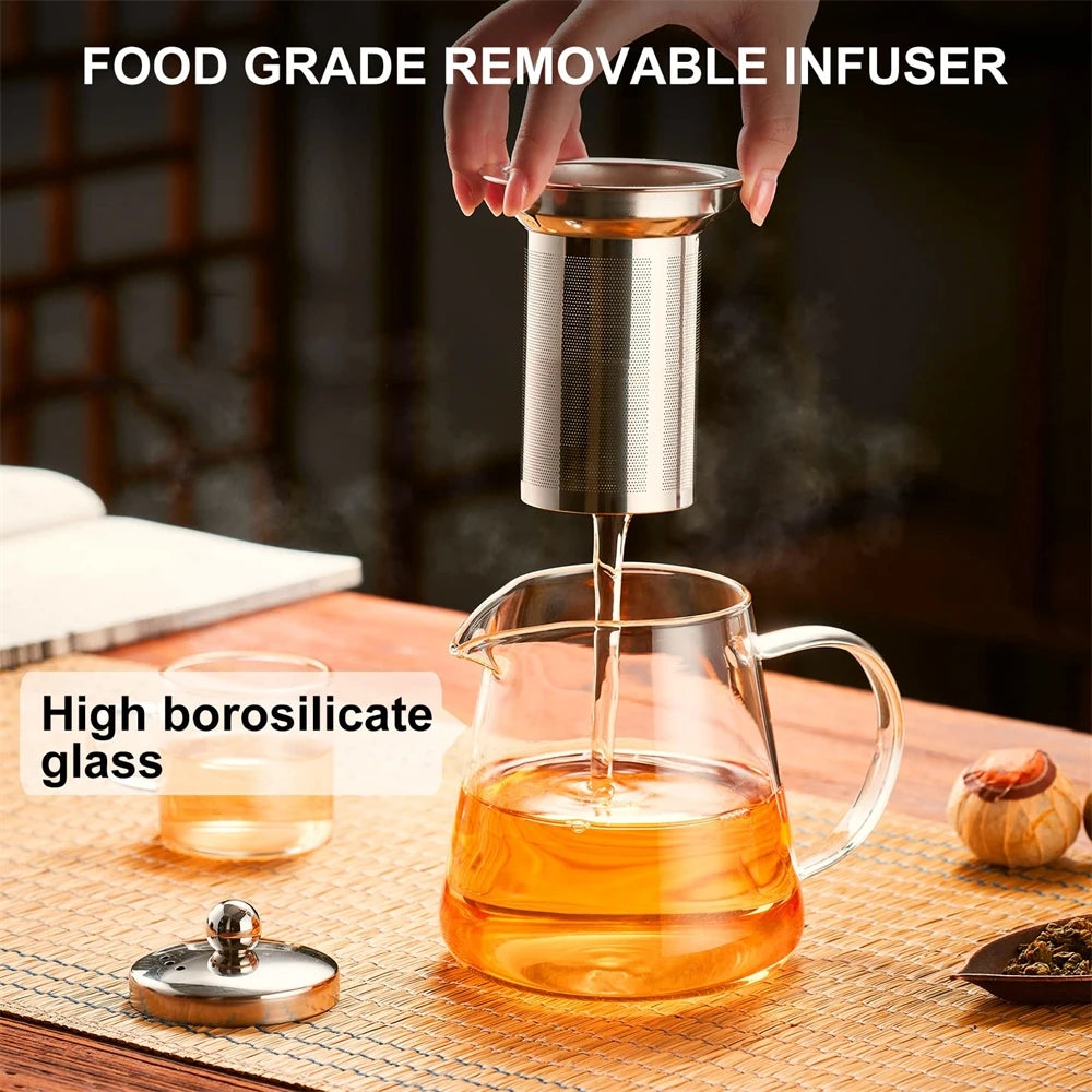 1pc Glass Teapot Heat Resistant Borosilicate Clear Tea Kettle with Removable Stainless Steel Infuser Kettle Kung Fu Teaware Set