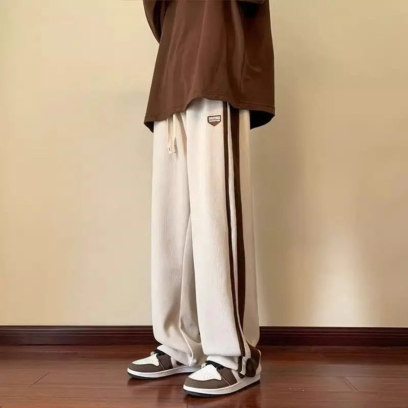 American Stripe Casual Pants Loose Fit Straight Leg Sporty Sweatpants for Men Autumn Trendy High Waist Elastic Waistband