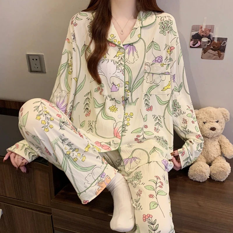 Pink Bow Dtie Design Pajamas for Women Long Sleeve Top & Elastic Waist Pants Pajamas Set Style Casual New Home Wear