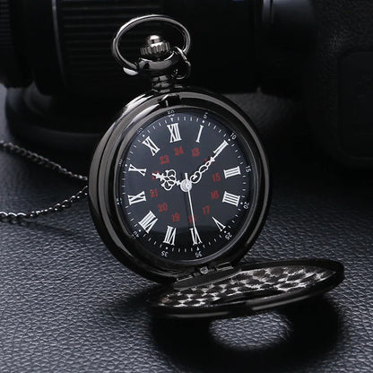 Vintage Charme Schwarz Unisex Mode Römische Ziffer Quarz Steampunk Taschenuhr Damen Herren Halskette Anhänger mit Kette Geschenke P427