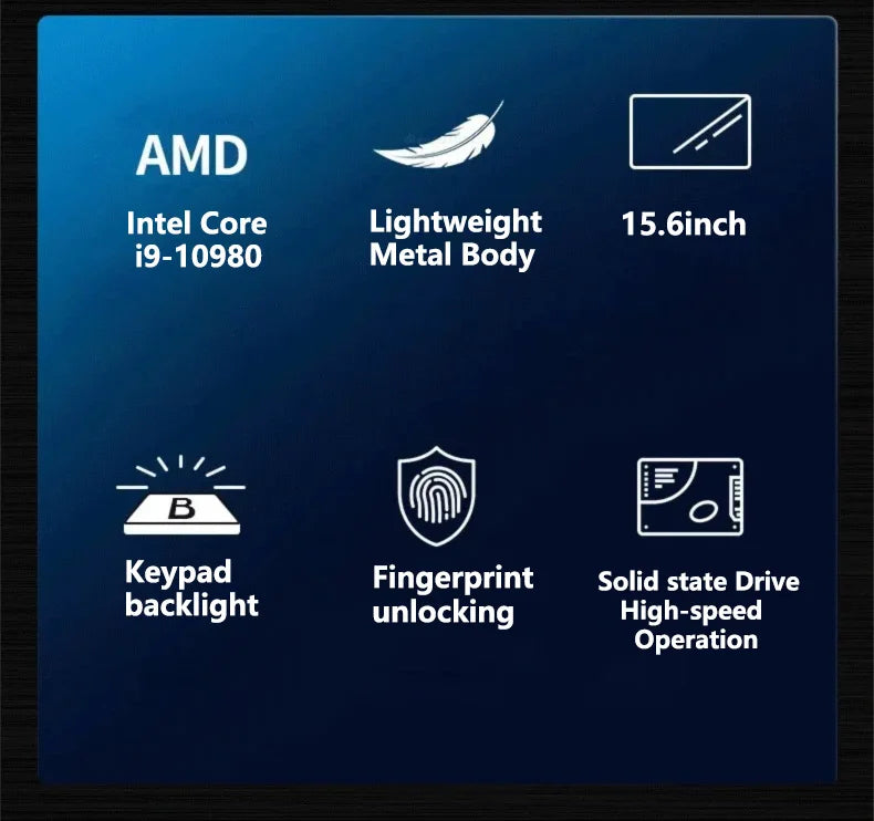List of features on a blue background with AMD branding and specifications.