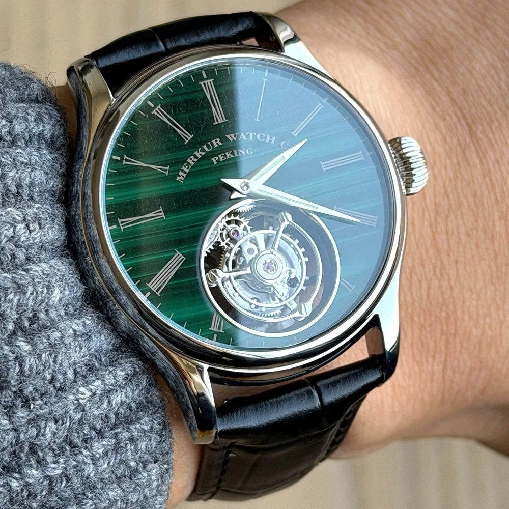 100% Tourbillon Watch Natural Stone Dial Malachite Sapphire Mechanical Wrist Watches