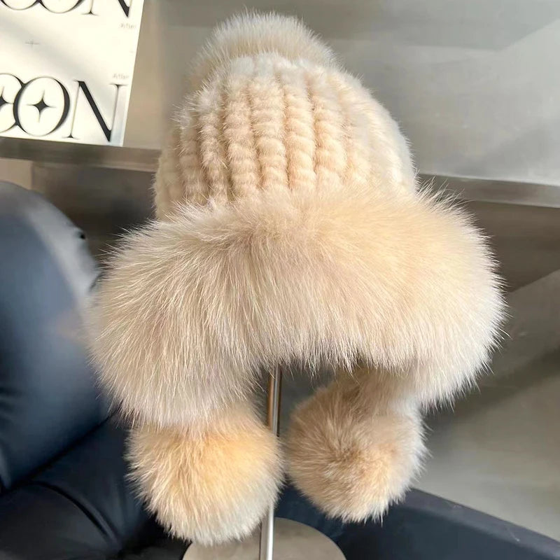 Real Mink Fur Hatfor Women Woven Fur Fisherman Hat With Fox Fur Ball  Thickened Warm Ear Protection Hat Hand Beanies Bonnets Cap