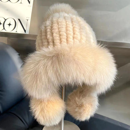 Real Mink Fur Hatfor Women Woven Fur Fisherman Hat With Fox Fur Ball  Thickened Warm Ear Protection Hat Hand Beanies Bonnets Cap