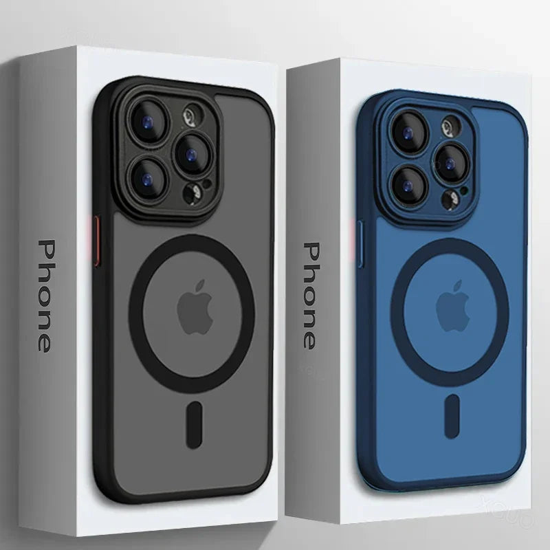 Two phone cases, one black and one blue, displayed against a white background.