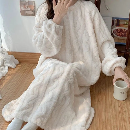Winter Women Flannel Nightgowns Long Sleeve Double Pocket Loose Solid Sleepwear Jacquard Night Dress Thickened Warm Nightdress
