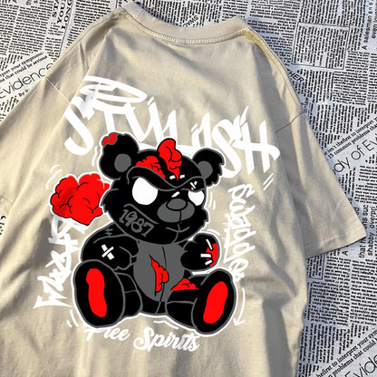 Explodierende schwarze Puppenbär-Männer-Frauen-T-Shirts Hochwertige Baumwolltops Sommer Locker T-Shirts Einfachheit Atmungsaktive Streetwear