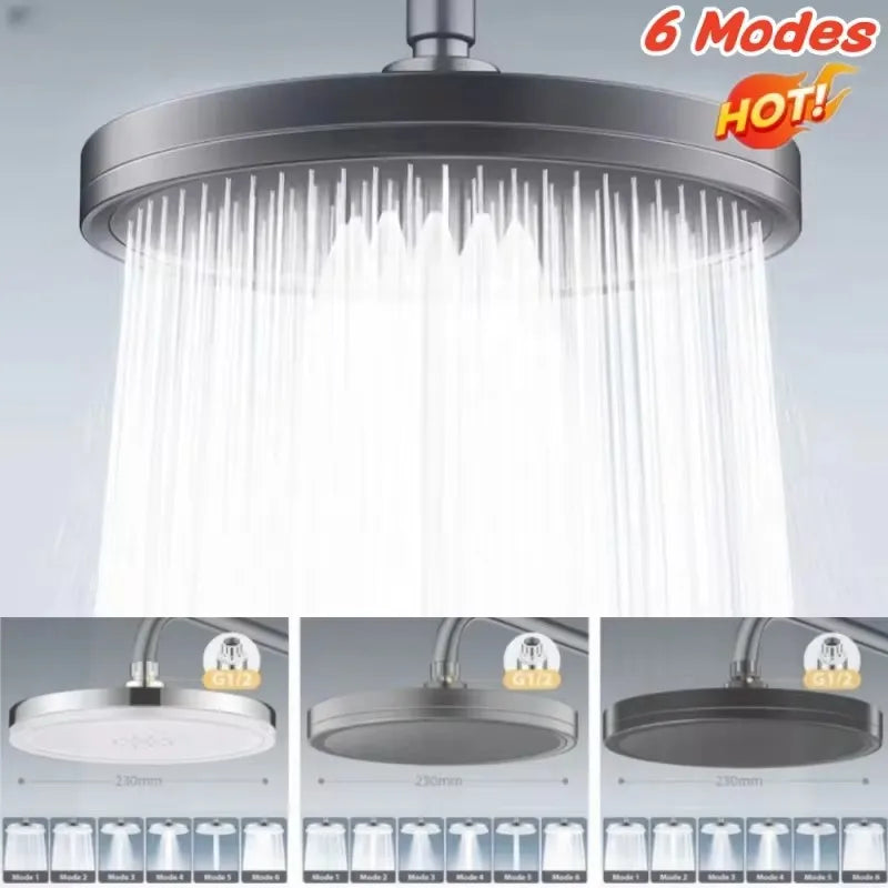 New 230mm Big Panel Showerhead 6 Mode Supercharge Rainfall Shower Head High Pressure Top Rain Shower Faucet Bathroom Accessories