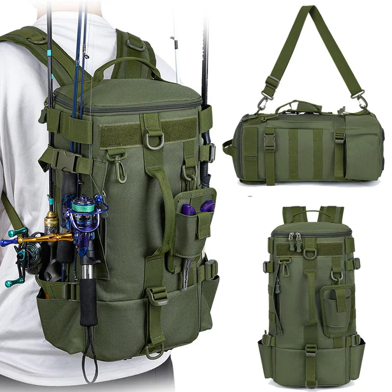 Taktischer Angelrucksack, Gerätetasche mit Rutenhaltern, Angelausrüstung, Molle, Camping, Wandern, Multifunktionale Outdoor-Tasche