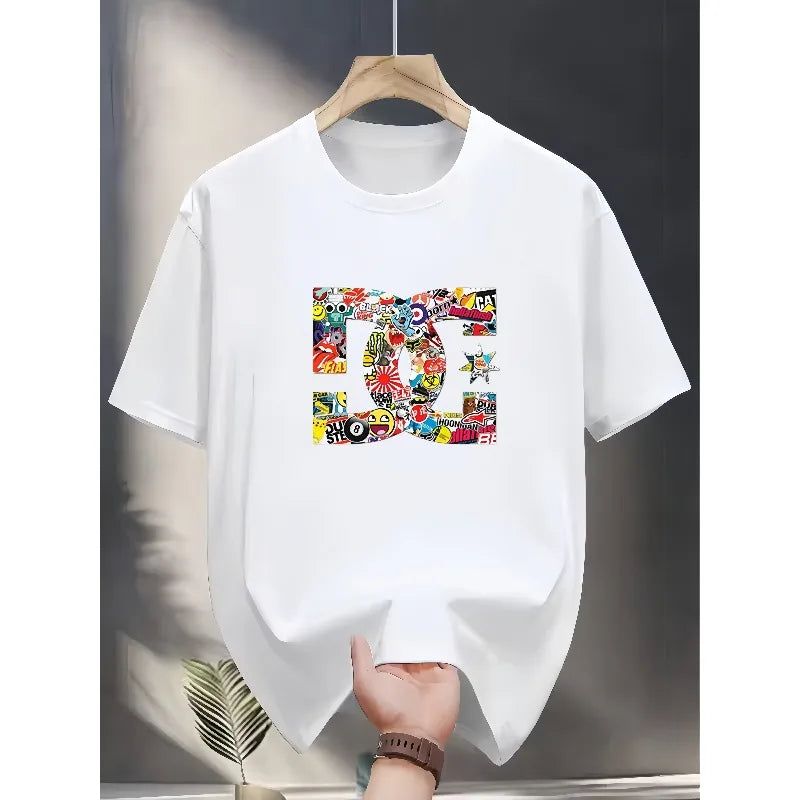 White t-shirt with colorful graphic design on a hanger against a neutral background