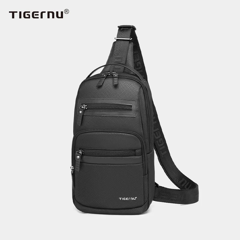 Black sling bag with visible Tigernu branding on a light gray background