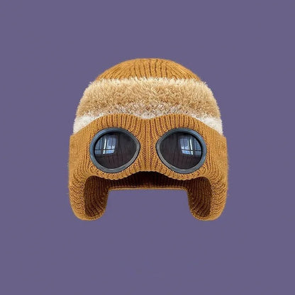 Pilot Goggles with Fleece Knit Hat for Autumn and Winter Cold Weather Protection, Warm Woolen Hat for Men and Women, Versatile T