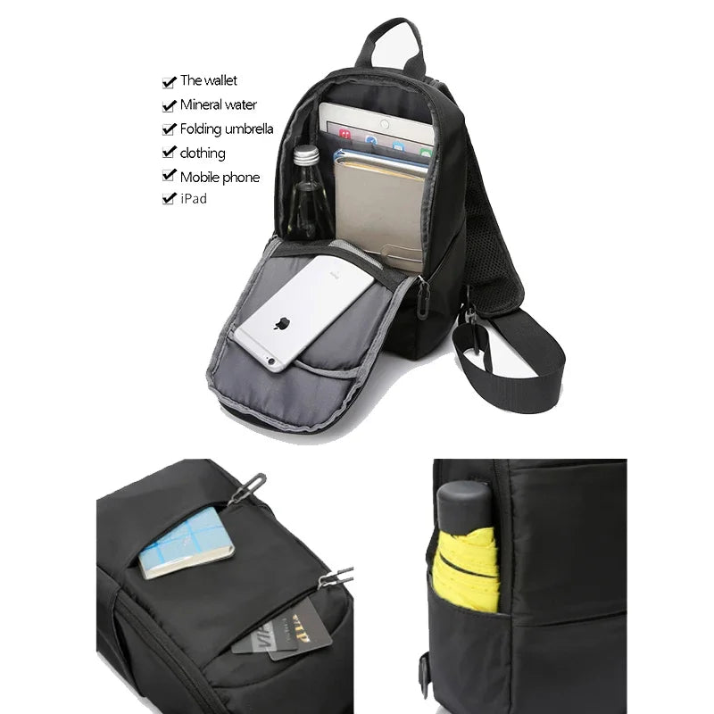 Black and gray crossbody bag with various compartments and items displayed on a white background.