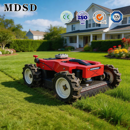 Red robotic lawn mower on a green lawn with a house and garden in the background, featuring certification logos.