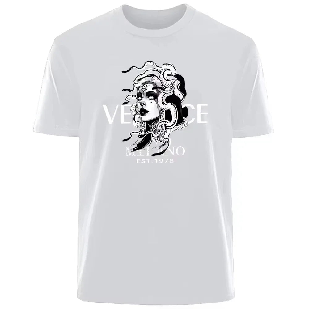 Neue italienische, beliebte Luxusmarke Sommer Medusa Kopf Druck T-Shirt für den Alltag, Sport, Männer und Frauen