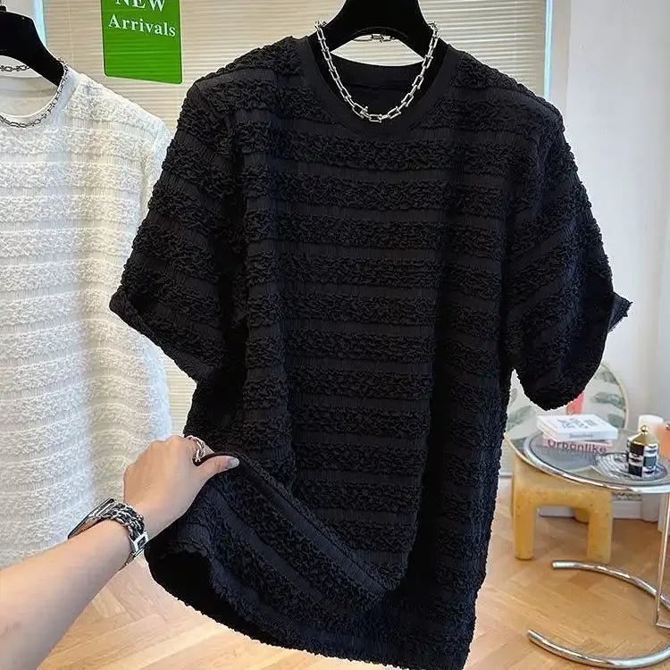 Textur T-Shirt Herren Sommer Schön Kurzarm Locker Abnehmend Lässiger Schaumgaze Street Casual Rundhals-Oberteil