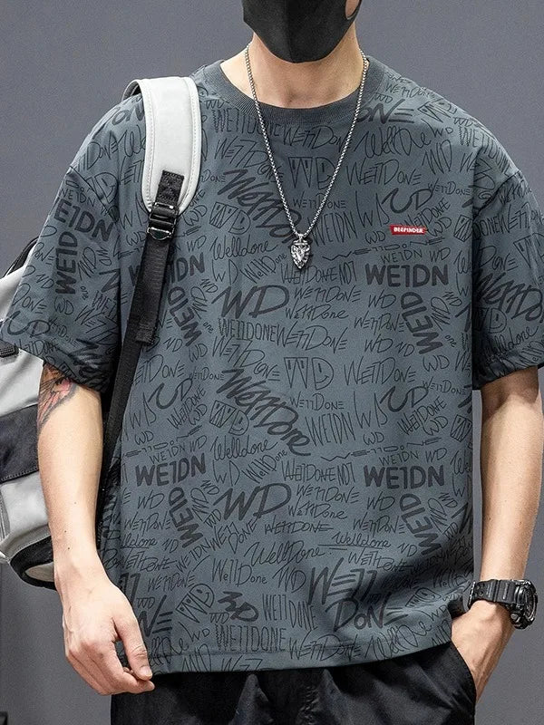 plus Size Men's T-Shirt Short Sleeve Printed Loose Fit Summer Trendy Cotton Polyester Blend round Neck Five-Quarter Sleeve