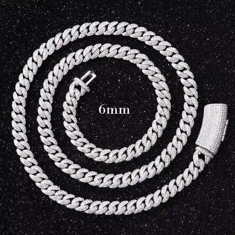 Full Ice Out Mossanite Cuban Chain 6mm 9mm 13mm 2rows 925 Sterling Silver Chain Hip Hop Necklace VVS Moissanite Cuban Link Chain