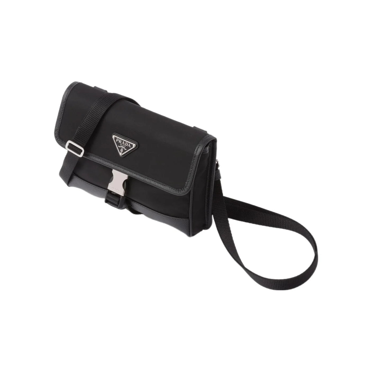 Black Prada handbag with a strap on a white background