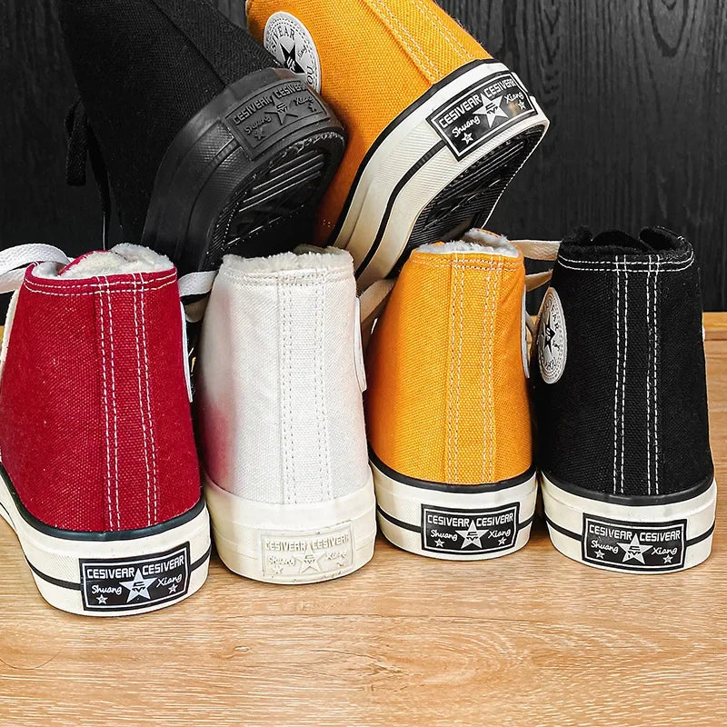 Winter Warm Fleece High Top Canvas Shoes Women's Hot Sale Of The Season Candy Color Retro Simple Cotton Shoes Casual Shoes Rubbe