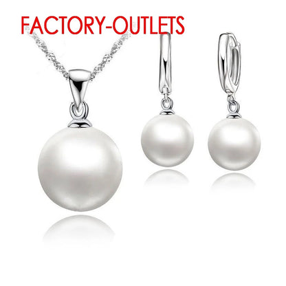 Pearl jewelry set with necklace and earrings on a white background, featuring 'Factory-Outlets' branding.
