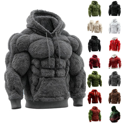 Men's Fashion Flannel Hoodie Pullover Abdominal Muscle Design Sportswear Autumn Winter Casual Long Sleeve Hooded Sweatshirt