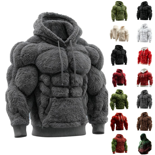 Men's Fashion Flannel Hoodie Pullover Abdominal Muscle Design Sportswear Autumn Winter Casual Long Sleeve Hooded Sweatshirt