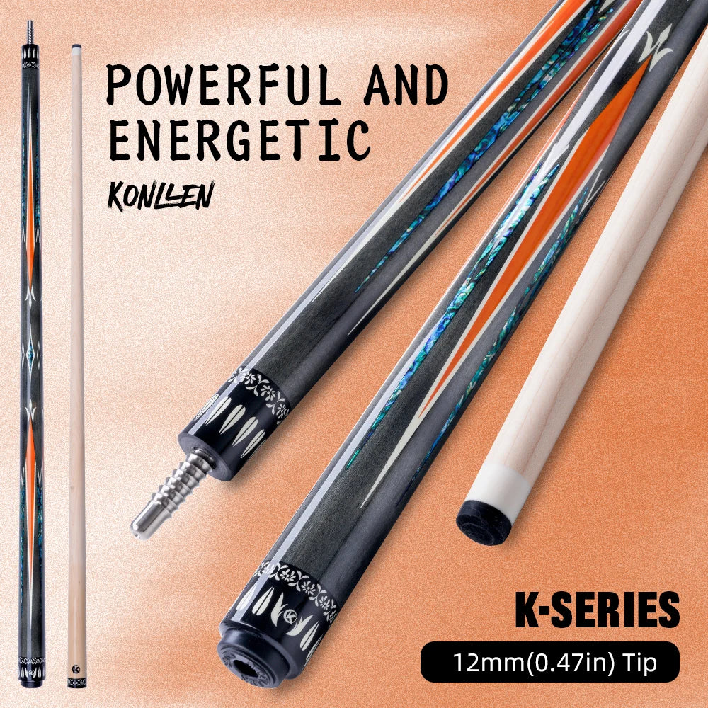 Pool cues with decorative tips on a beige background, featuring text about power and energy.