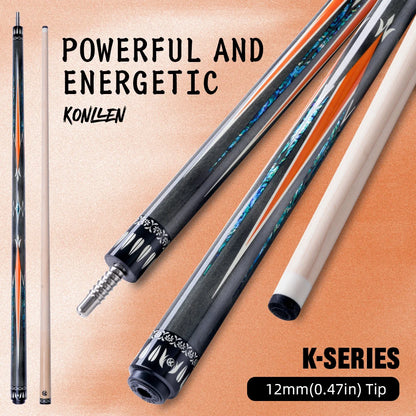 Pool cues with decorative tips on a beige background, featuring text about power and energy.