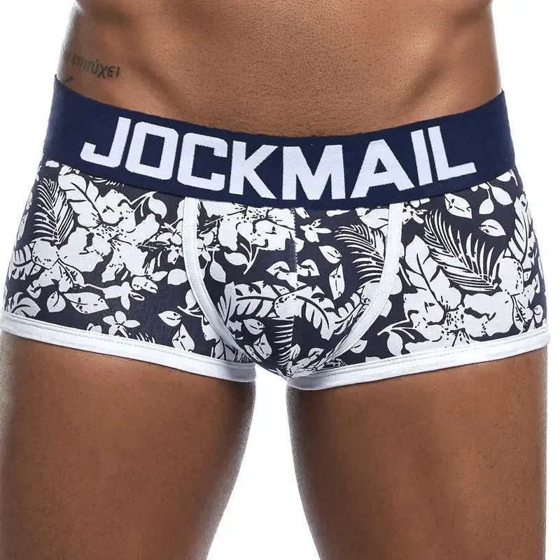 JOCKMAIL Marken Herren-Slips, atmungsaktive Boxershorts, Baumwolle, Herrenunterwäsche, U-förmiger Beutel, sexy Unterhose, bedruckte Blätter, Homewear-Shorts